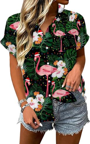 Christmas Hawaiian Shirts Women July Xmas Holiday Button Down Shirt Summer Santa Graphic Blouse Tops in Kuwait