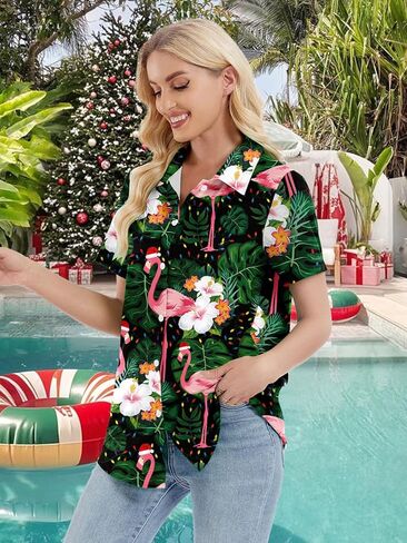 Christmas Hawaiian Shirts Women July Xmas Holiday Button Down Shirt Summer Santa Graphic Blouse Tops in Kuwait