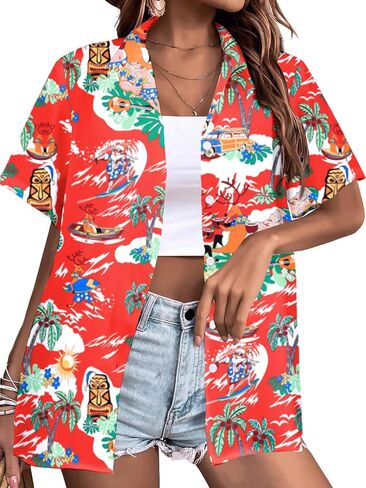 Christmas in July Shirt Women: Christmas Hawaiian Shirts Summer Holiday Beach Blouses Button Up Tops in Saudi Arabia