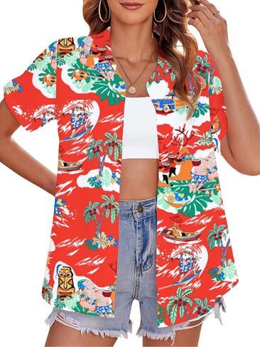 Christmas in July Shirt Women: Christmas Hawaiian Shirts Summer Holiday Beach Blouses Button Up Tops in Saudi Arabia