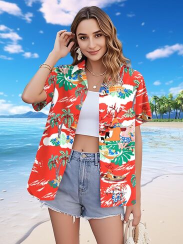 Christmas in July Shirt Women: Christmas Hawaiian Shirts Summer Holiday Beach Blouses Button Up Tops in Saudi Arabia
