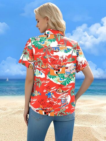 Christmas in July Shirt Women: Christmas Hawaiian Shirts Summer Holiday Beach Blouses Button Up Tops in Saudi Arabia