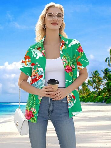 Christmas in July Shirt Women: Christmas Hawaiian Shirts Summer Holiday Beach Blouses Button Up Tops in Saudi Arabia