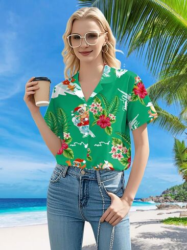 Christmas in July Shirt Women: Christmas Hawaiian Shirts Summer Holiday Beach Blouses Button Up Tops in Saudi Arabia