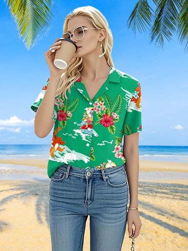 Christmas in July Shirt Women: Christmas Hawaiian Shirts Summer Holiday Beach Blouses Button Up Tops in Saudi Arabia