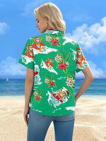 Christmas in July Shirt Women: Christmas Hawaiian Shirts Summer Holiday Beach Blouses Button Up Tops in Saudi Arabia