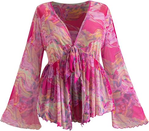 GORGLITTER Women's Plus Size Mesh Bell Sleeve Top 70s Tie Front Paisley Boho Peplum Babydoll Tops Blouse in Kuwait