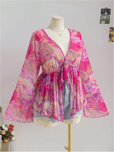 GORGLITTER Women's Plus Size Mesh Bell Sleeve Top 70s Tie Front Paisley Boho Peplum Babydoll Tops Blouse in Kuwait