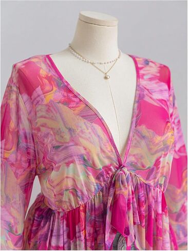 GORGLITTER Women's Plus Size Mesh Bell Sleeve Top 70s Tie Front Paisley Boho Peplum Babydoll Tops Blouse in Kuwait