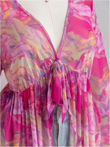 GORGLITTER Women's Plus Size Mesh Bell Sleeve Top 70s Tie Front Paisley Boho Peplum Babydoll Tops Blouse in Kuwait