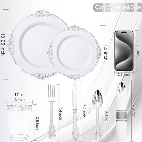 أطباق بلاستيكية ذهبية من نيرفور 700 قطعة - أطقم أواني طعام بلاستيكية ذهبية لـ 100 ضيف - 200 طبق ذهبي للاستعمال مرة واحدة، 300 طبق فضي بلاستيكي ذهبي، 100 كوب، 100 منديل لحفلات الزفاف والحفلات وعيد الشكر in Kuwait