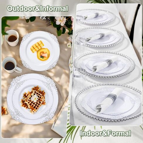 أطباق بلاستيكية ذهبية من نيرفور 700 قطعة - أطقم أواني طعام بلاستيكية ذهبية لـ 100 ضيف - 200 طبق ذهبي للاستعمال مرة واحدة، 300 طبق فضي بلاستيكي ذهبي، 100 كوب، 100 منديل لحفلات الزفاف والحفلات وعيد الشكر in Kuwait