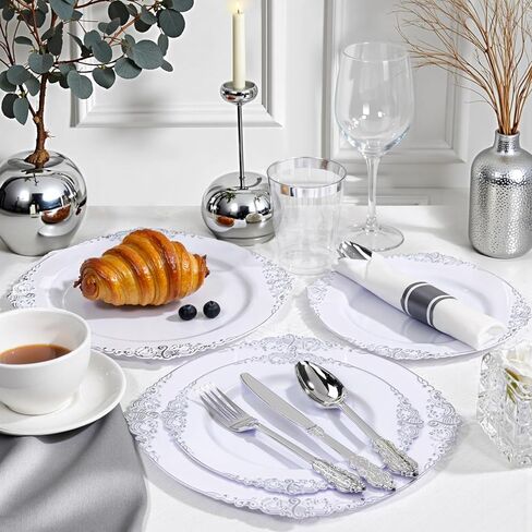 أطباق بلاستيكية ذهبية من نيرفور 700 قطعة - أطقم أواني طعام بلاستيكية ذهبية لـ 100 ضيف - 200 طبق ذهبي للاستعمال مرة واحدة، 300 طبق فضي بلاستيكي ذهبي، 100 كوب، 100 منديل لحفلات الزفاف والحفلات وعيد الشكر in Kuwait