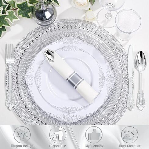 أطباق بلاستيكية ذهبية من نيرفور 700 قطعة - أطقم أواني طعام بلاستيكية ذهبية لـ 100 ضيف - 200 طبق ذهبي للاستعمال مرة واحدة، 300 طبق فضي بلاستيكي ذهبي، 100 كوب، 100 منديل لحفلات الزفاف والحفلات وعيد الشكر in Kuwait