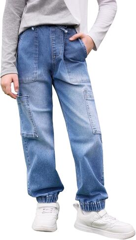 Haloumoning Boys Denim Cargo Pants Kids Elastic Waist Stretch Cargo Jeans with Pockets 5-14 Years in Saudi Arabia