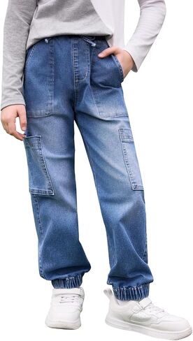 Haloumoning Boys Denim Cargo Pants Kids Elastic Waist Stretch Cargo Jeans with Pockets 5-14 Years in Saudi Arabia