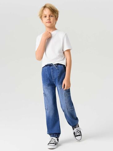 Haloumoning Boys Denim Cargo Pants Kids Elastic Waist Stretch Cargo Jeans with Pockets 5-14 Years in Saudi Arabia