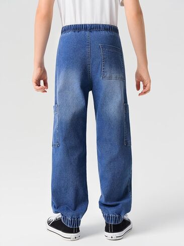 Haloumoning Boys Denim Cargo Pants Kids Elastic Waist Stretch Cargo Jeans with Pockets 5-14 Years in Saudi Arabia