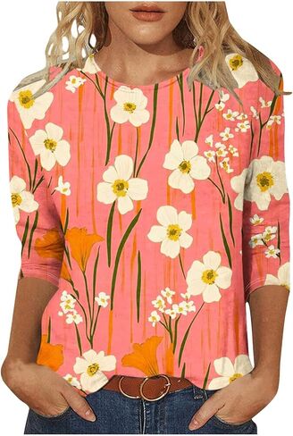 بالإضافة إلى الحجم 3/4 بلوزات الأكمام للنساء الأنيقة البوهو غير الرسمية قمصان طباعة طاقم لطيف الطاقم قمم الصيف تونك قمم in Kuwait