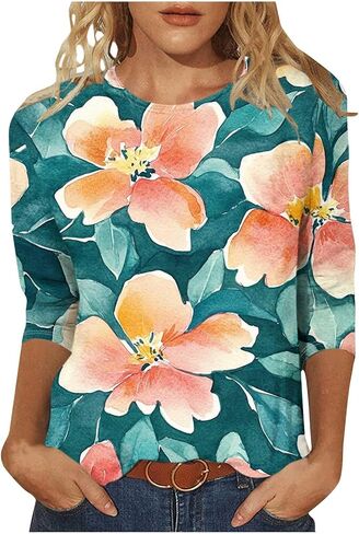 بالإضافة إلى الحجم 3/4 بلوزات الأكمام للنساء الأنيقة البوهو غير الرسمية قمصان طباعة طاقم لطيف الطاقم قمم الصيف تونك قمم in Kuwait