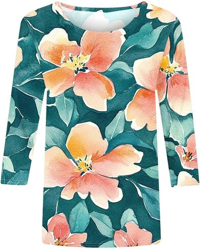 بالإضافة إلى الحجم 3/4 بلوزات الأكمام للنساء الأنيقة البوهو غير الرسمية قمصان طباعة طاقم لطيف الطاقم قمم الصيف تونك قمم in Kuwait