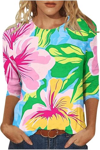 بالإضافة إلى الحجم 3/4 بلوزات الأكمام للنساء الأنيقة البوهو غير الرسمية قمصان طباعة طاقم لطيف الطاقم قمم الصيف تونك قمم in Kuwait