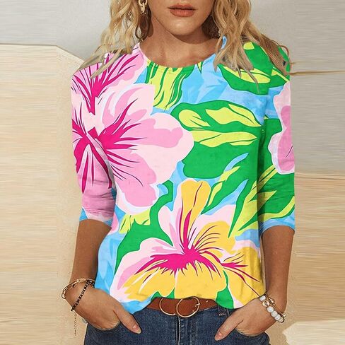 بالإضافة إلى الحجم 3/4 بلوزات الأكمام للنساء الأنيقة البوهو غير الرسمية قمصان طباعة طاقم لطيف الطاقم قمم الصيف تونك قمم in Kuwait