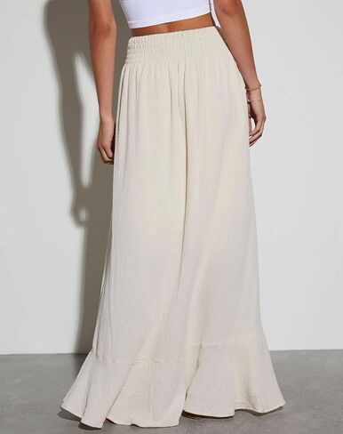 Orchidays Women's Maxi Skirt Flowy Summer Long Skirts Tie Elastic Waist Button Up Slit Front Dresses in Saudi Arabia