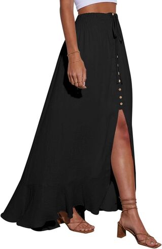 Orchidays Women's Maxi Skirt Flowy Summer Long Skirts Tie Elastic Waist Button Up Slit Front Dresses in Saudi Arabia