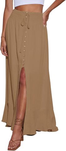 Orchidays Women's Maxi Skirt Flowy Summer Long Skirts Tie Elastic Waist Button Up Slit Front Dresses in Saudi Arabia