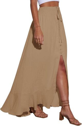 Orchidays Women's Maxi Skirt Flowy Summer Long Skirts Tie Elastic Waist Button Up Slit Front Dresses in Saudi Arabia