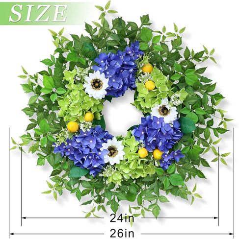 26" Hydrangea Wreath for Front Door, Porch, Window - Large Artificial Silk Flowers Outdoor Wreath for Home, Farmhouse, Wedding, Outside Decor - Spring, Summer, Fall, All Seasons (Purple) in Saudi Arabia