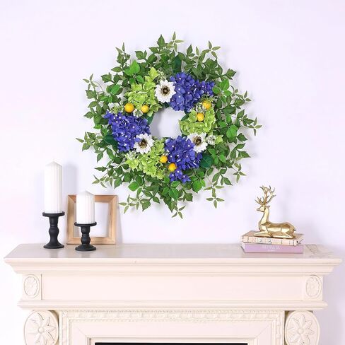 26" Hydrangea Wreath for Front Door, Porch, Window - Large Artificial Silk Flowers Outdoor Wreath for Home, Farmhouse, Wedding, Outside Decor - Spring, Summer, Fall, All Seasons (Purple) in Saudi Arabia