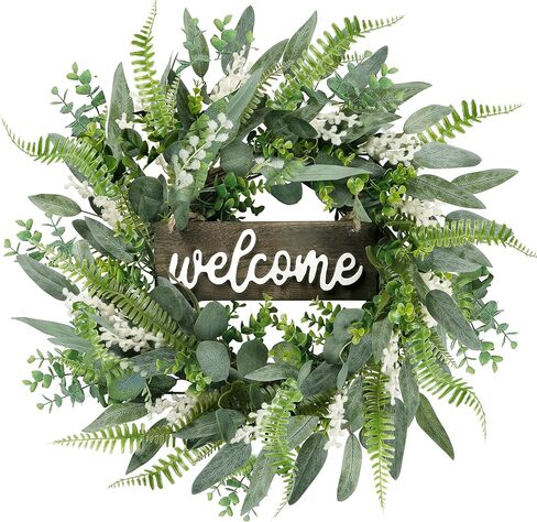 Sggvecsy Green Artificial Eucalyptus Wreath with Welcome Sign 20in Mixed White Berries Spring Summer Wreath for Front Door Wall Window Farmhouse Festival Porch Patio Garden Decor in Saudi Arabia