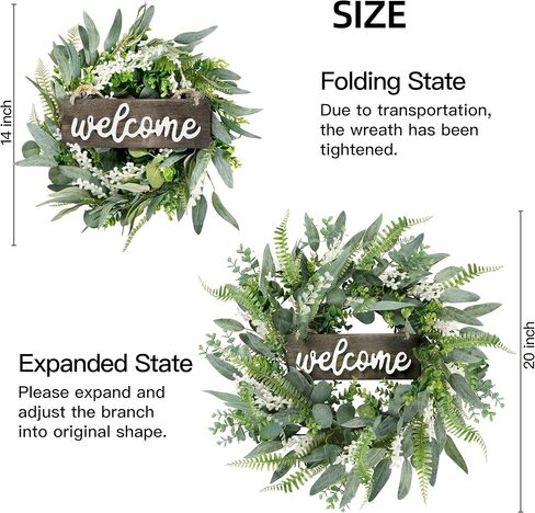 Sggvecsy Green Artificial Eucalyptus Wreath with Welcome Sign 20in Mixed White Berries Spring Summer Wreath for Front Door Wall Window Farmhouse Festival Porch Patio Garden Decor in Saudi Arabia