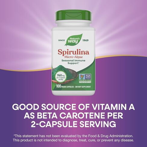 Nature's Way Spirulina micro-algae ، دعم المناعة الموسمي*، مصدر فيتامين A (بيتا كاروتين) ، 760 ملغ لكل وجبة ، 100 كبسولات نباتية (قد تختلف العبوة) in Kuwait