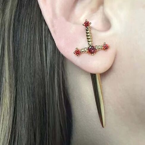 Vintage Ruby Sword Ear Jacket Earrings Ruby Crystal Sword Stud Earrings Gold Large Sword Jacket Earrings Sparkly Ruby Red Sword Earrings Jewelry for Women and (Gold) in Saudi Arabia