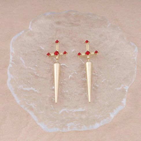 Vintage Ruby Sword Ear Jacket Earrings Ruby Crystal Sword Stud Earrings Gold Large Sword Jacket Earrings Sparkly Ruby Red Sword Earrings Jewelry for Women and (Gold) in Saudi Arabia