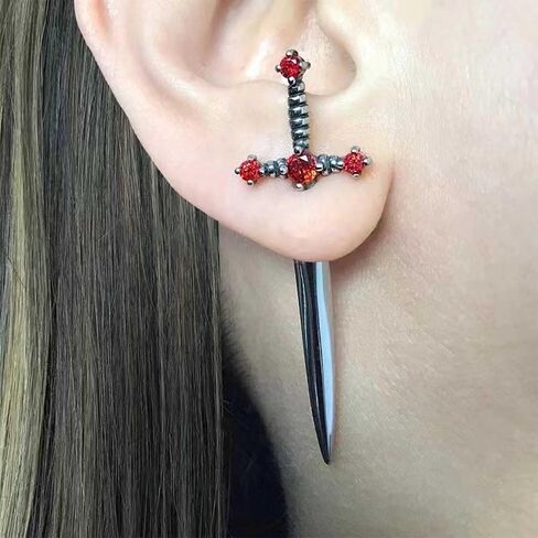 Vintage Ruby Sword Ear Jacket Earrings Ruby Crystal Sword Stud Earrings Gold Large Sword Jacket Earrings Sparkly Ruby Red Sword Earrings Jewelry for Women and (Gold) in Saudi Arabia