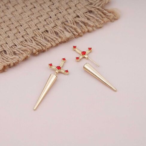 Vintage Ruby Sword Ear Jacket Earrings Ruby Crystal Sword Stud Earrings Gold Large Sword Jacket Earrings Sparkly Ruby Red Sword Earrings Jewelry for Women and (Gold) in Saudi Arabia