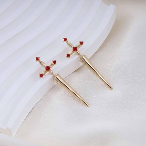 Vintage Ruby Sword Ear Jacket Earrings Ruby Crystal Sword Stud Earrings Gold Large Sword Jacket Earrings Sparkly Ruby Red Sword Earrings Jewelry for Women and (Gold) in Saudi Arabia