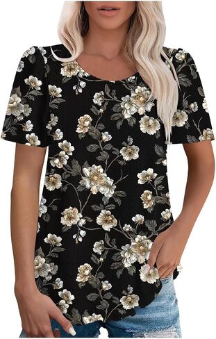 Womens Eyelet Tops Summer Dressy Casual Short Puff Sleeve Shirts Elegant Business Office Ladies Blouses Soft Tshirts in Saudi Arabia