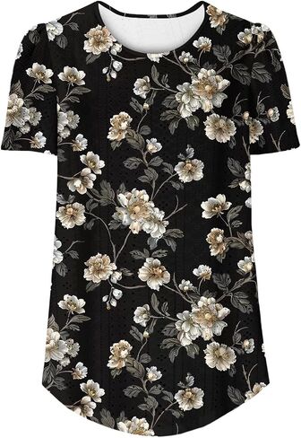 Womens Eyelet Tops Summer Dressy Casual Short Puff Sleeve Shirts Elegant Business Office Ladies Blouses Soft Tshirts in Saudi Arabia