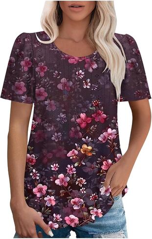 Womens Eyelet Tops Summer Dressy Casual Short Puff Sleeve Shirts Elegant Business Office Ladies Blouses Soft Tshirts in Saudi Arabia