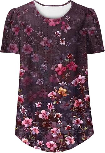 Womens Eyelet Tops Summer Dressy Casual Short Puff Sleeve Shirts Elegant Business Office Ladies Blouses Soft Tshirts in Saudi Arabia