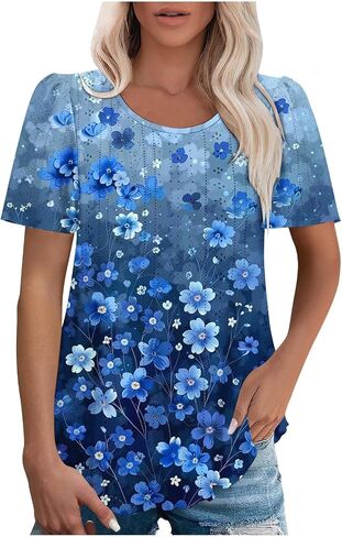 Womens Eyelet Tops Summer Dressy Casual Short Puff Sleeve Shirts Elegant Business Office Ladies Blouses Soft Tshirts in Saudi Arabia