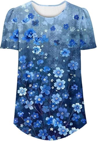 Womens Eyelet Tops Summer Dressy Casual Short Puff Sleeve Shirts Elegant Business Office Ladies Blouses Soft Tshirts in Saudi Arabia