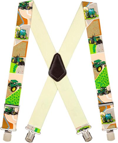 Novelty Green Tractors Suspenders - 2-Inch Wide Elastic - X-Back - Pin Clip - 4 Sizes Including Big & Tall in Saudi Arabia