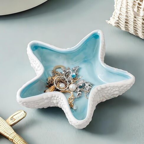 Starfish Jewelry Dish Ceramic Holder Ring Trinket Tray, Ocean-themed Decorative Trinket Dish, Suitable for Mother Friend Sister, Gifts for Women, Home Decor Trinket Dish(Sea Blue) in Kuwait