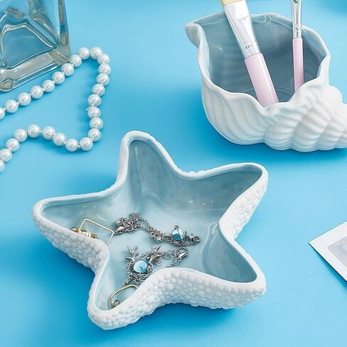 Starfish Jewelry Dish Ceramic Holder Ring Trinket Tray, Ocean-themed Decorative Trinket Dish, Suitable for Mother Friend Sister, Gifts for Women, Home Decor Trinket Dish(Sea Blue) in Kuwait